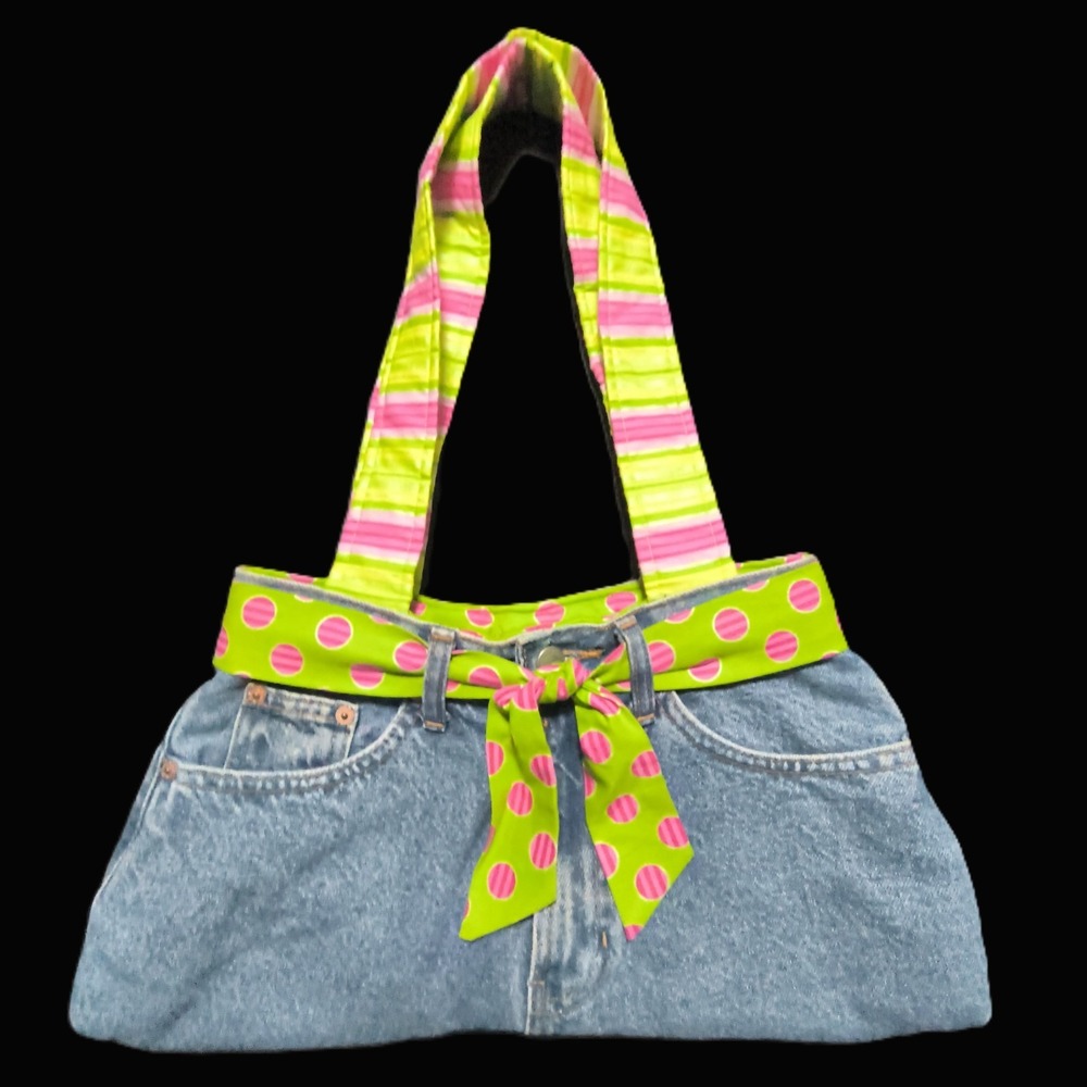 Blue Jean Purse, Two Straps,‎ Fabric Lining, Fun Green and Pink Colors